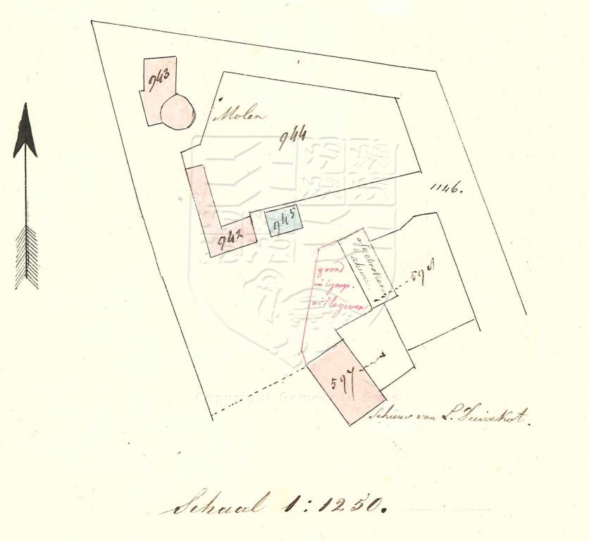 Situatieschets van een schuur van L. Duvekot in de 's-Heer Hendrikskinderenstraat, 1857. GAG.AGG.inv.nr. 204, nr. 681.