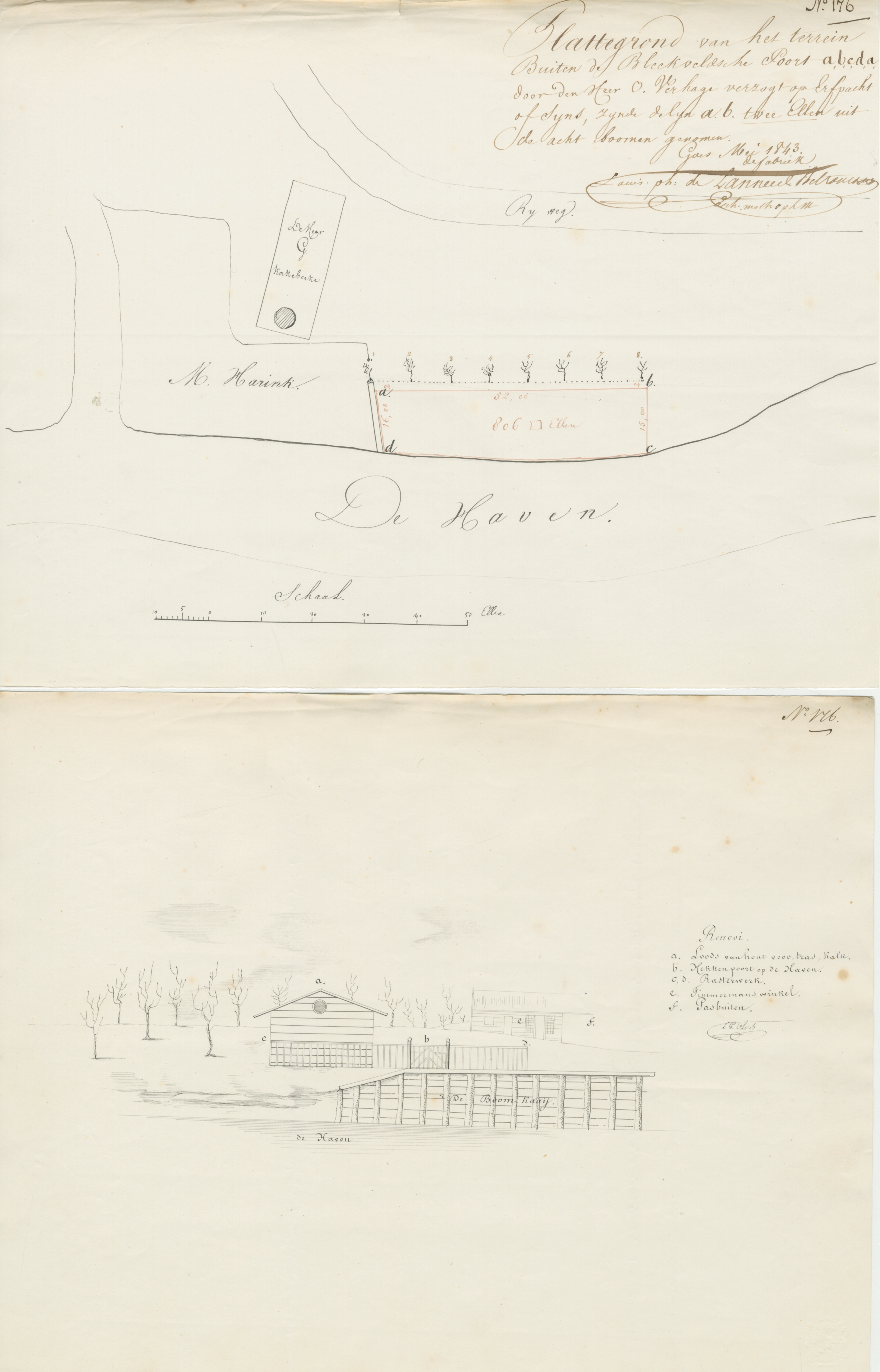Situatieschets van een terrein aan de Boomkade (A.Joachimikade), 1843. GAG. ASG.inv.nr. 575.1, volgnr 176-01.