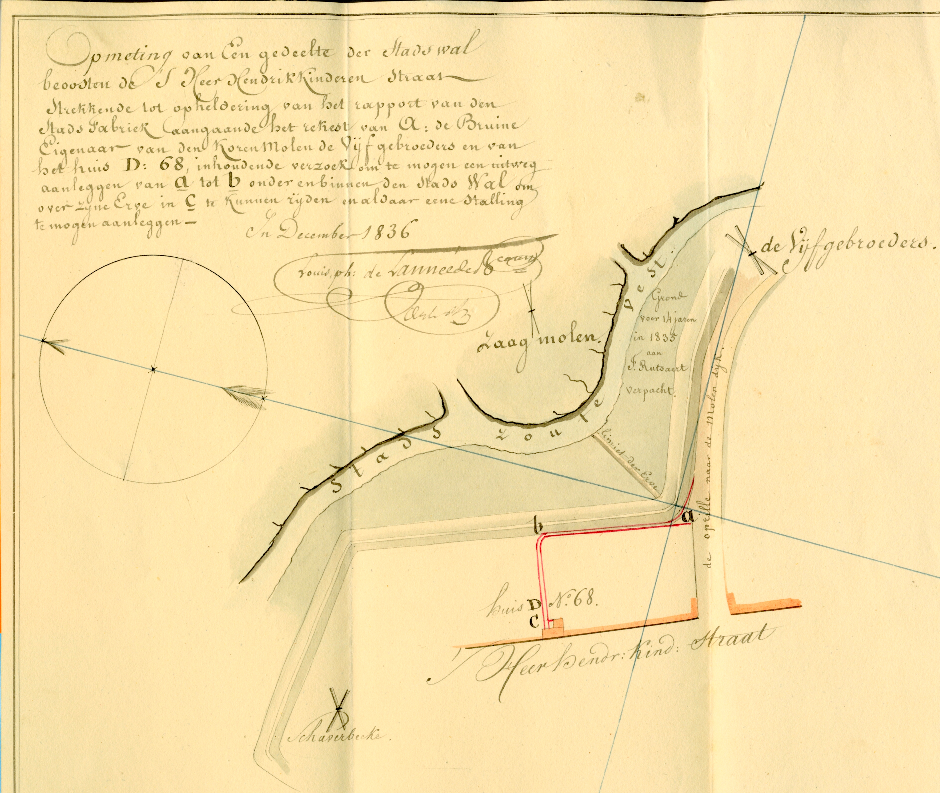 Situatieschets van een uitweg aan de Zoute Vest met drie molens, 1837. GAG.ASG.inv.nr. 548.1, nr. 72.