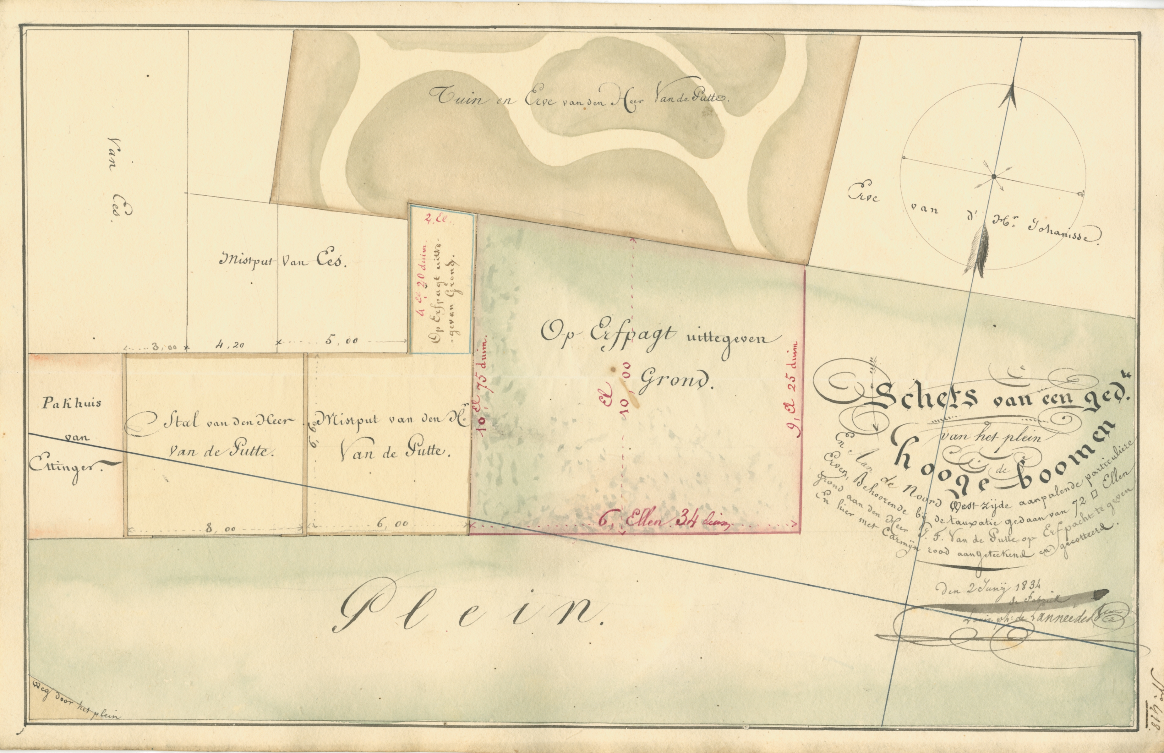 Situatieschets van het plein Hooge Bomen (Keizersdijk), 1835. GAG.ASG.inv.nr. 538.2, nr. 174-01.