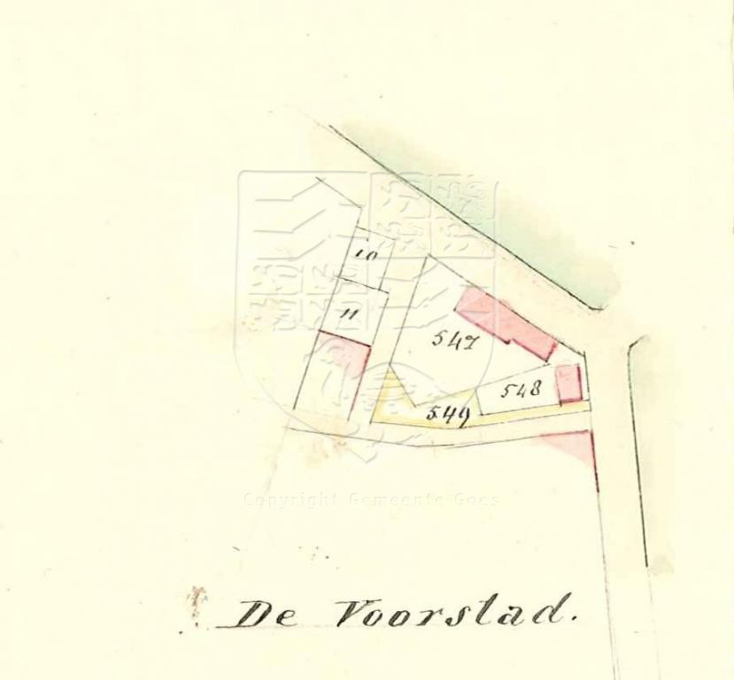 Situatieschets van sectie C 549, Voorstad, tbv erfpacht van B. Meijers, 1860. GAG.AGG.inv.nr. 238, nr. 549.