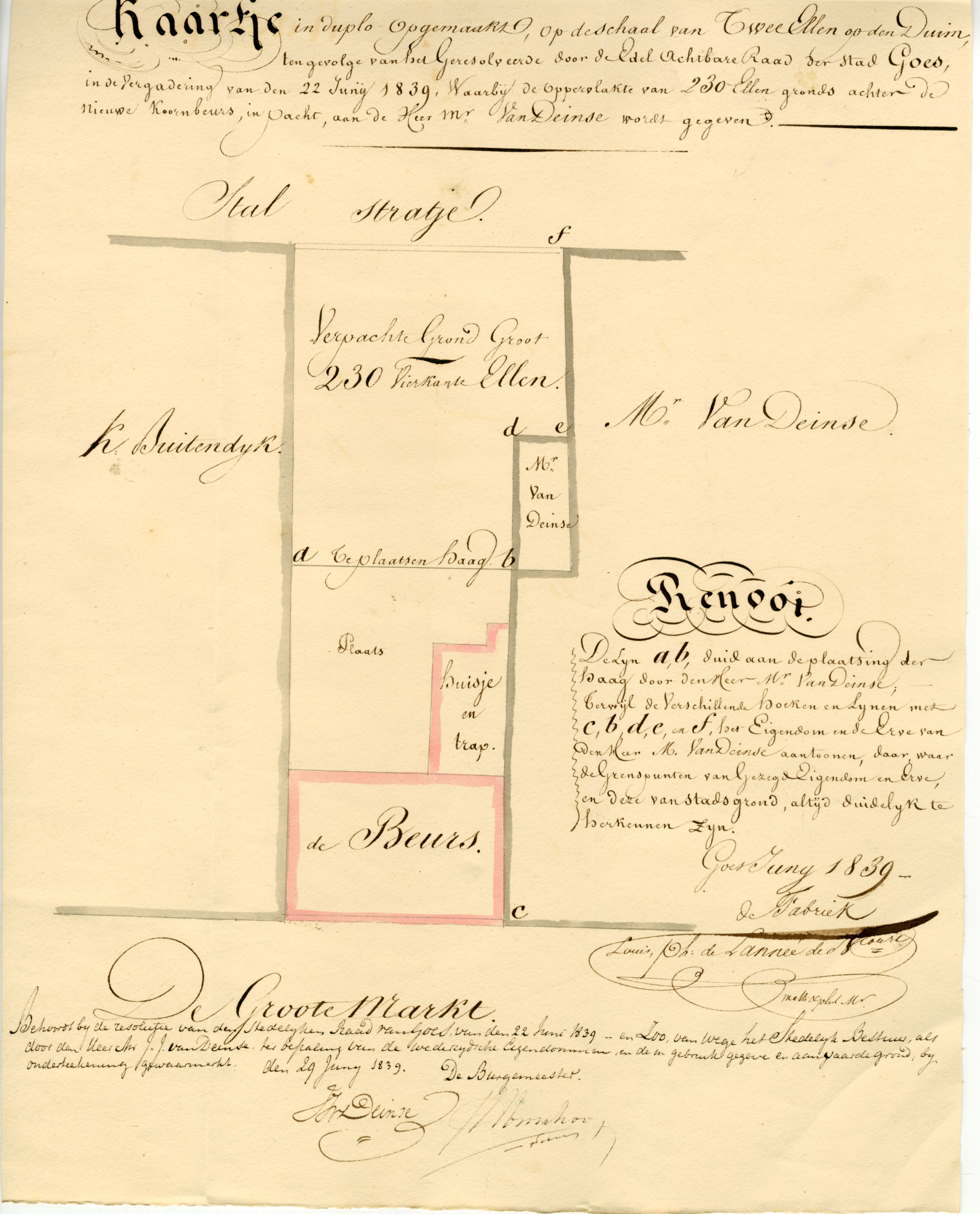 Situatieschets van te verpachten grond achter de Korenbeurs, 1839. GAG.ASG.inv.nr. 559, nr. 424.