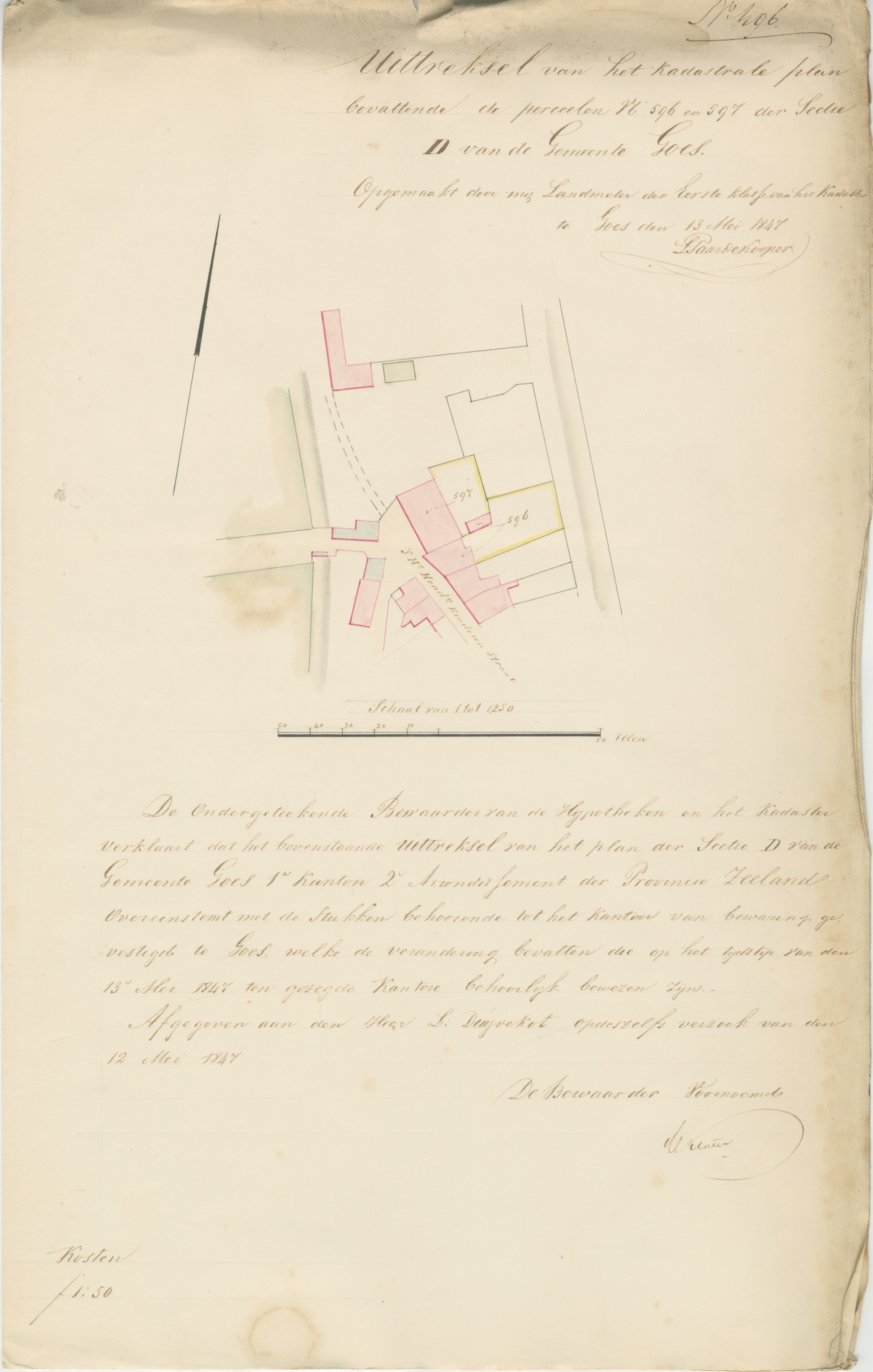 Situatieschets voor de bouw van een bakoven door Duvekot in de 's-Heer Hendrikskinderenstraat, 1847. GAG.ASG.inv.nr. 598, nr. 496.