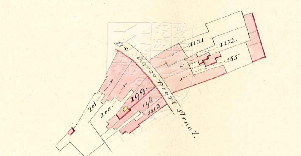 Situatieschets voor een bakoven in smederij Ganzepoortstraat 11, sectie D 199, 1860. GAG.AGG.inv.nr. 236, nr. 307