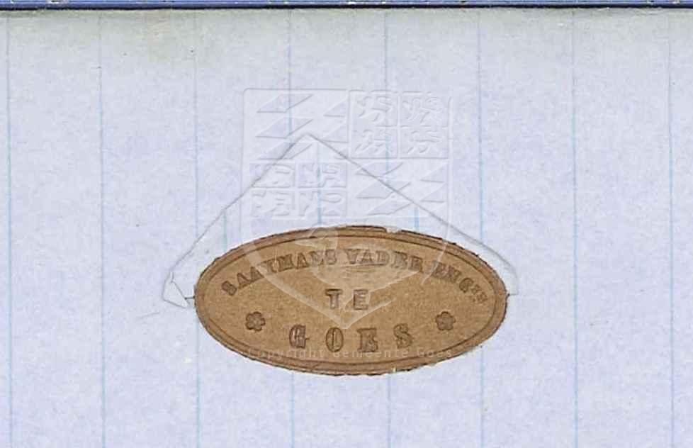 Sluitzegel van de firma Saaymans Vader en Comp. te Goes, 'fabricants d'alcohol'. 1856. GAG.AGG.inv.nr. 197, nr. 1067.