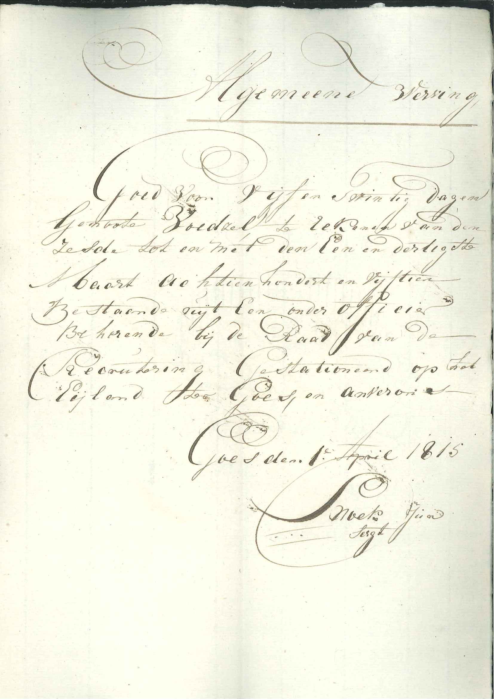 Tegoedbon voor ontvangen eten voor een recruteringsofficier, 1815.