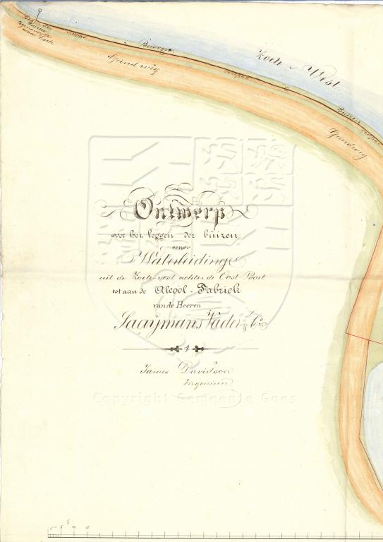 Tekening van buizen vanuit de Zoete Vest naar de alcoholfabriek van Saaymans Vader, ing. J. Davidson, 1856. GAG.AGG.inv.nr. 197, nr. 1067.