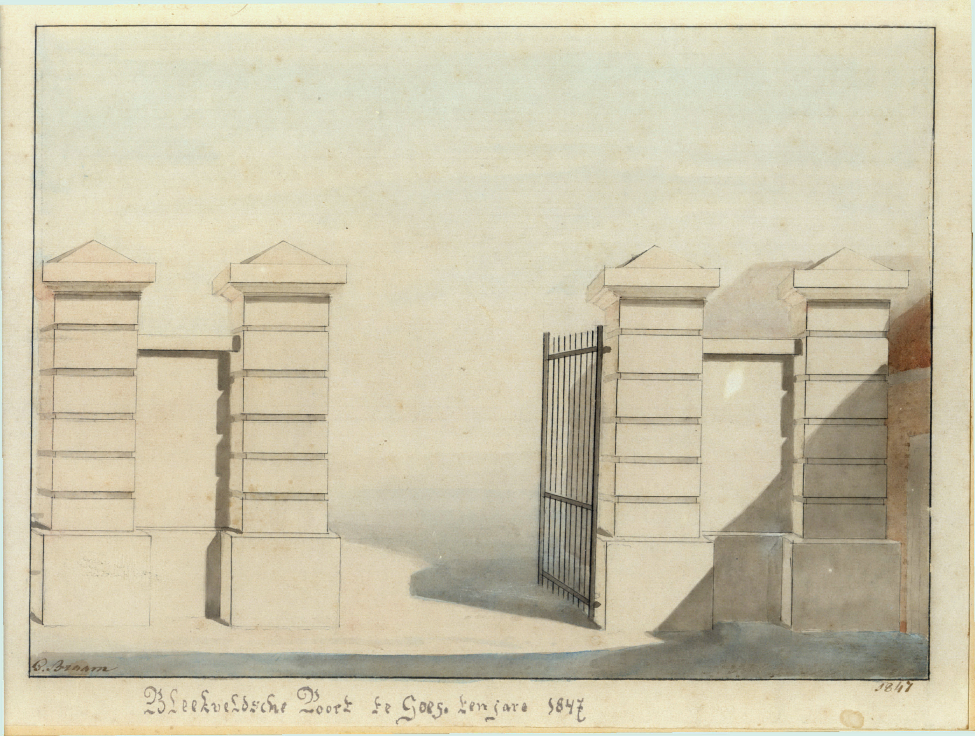  Tekening van de Bleekveldsepoort aan de haven, door G. Braam, 1847. GAG.HTA.