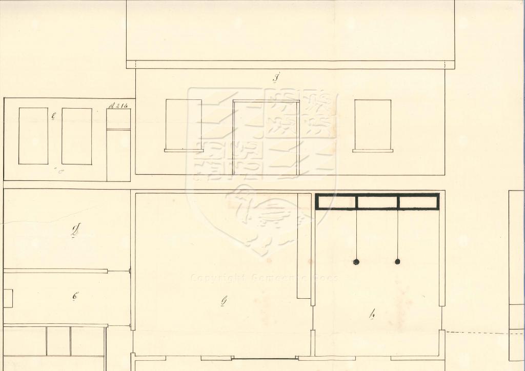 Tekening van de bouw van een woonhuis etc. aan de Brouwersgang voor J. Kakebeeke, 1858. GAG.AGG.inv.nr. 212, nr. 230.