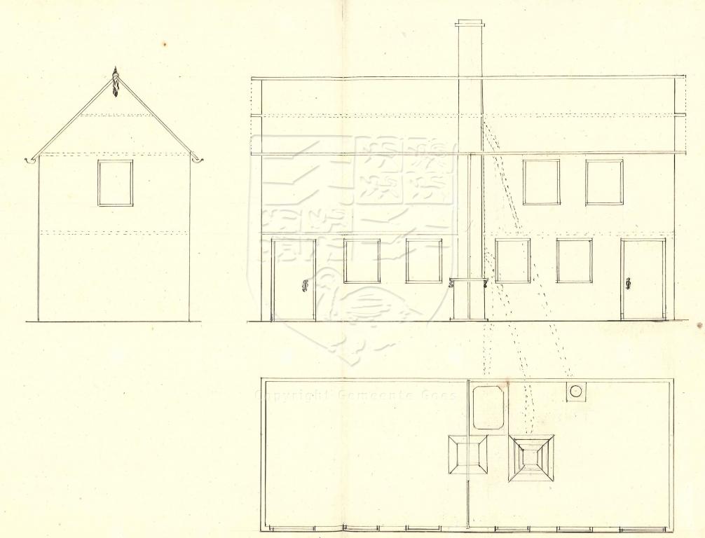 Tekening van de hoedenfabriek, aan de Westsingel, nu nrs. 14-30, 1859. GAG.AGG.inv.nr. 232, nr. 1089