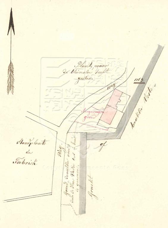 Tekening van de mestput bij de alcoholfabriek van Saaymans Vader en Comp. buiten de Bleekveldsepoort, 1856. GAG.AGG.inv.nr. 198, nr. 1147.
