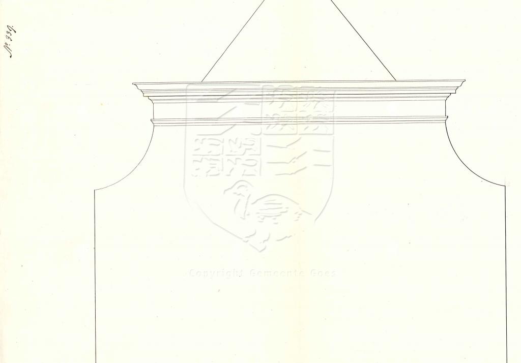 Tekening van de nieuwe gevelspits van Grote Kade 44 (B12) van weduwe De Leeuw, 1858. GAG.AGG.inv.nr. 213, nr. 339.