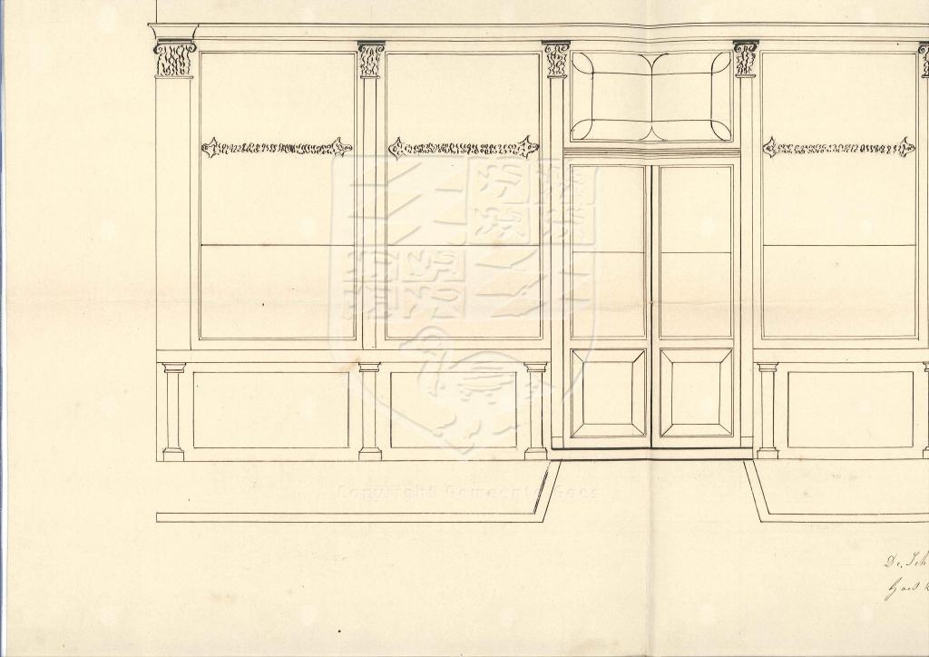Tekening van de nieuwe voorgevel van Ganzepoortstraat 10 en 10a, 1859. GAG.AGG.inv.nr. 224, nr. 232
