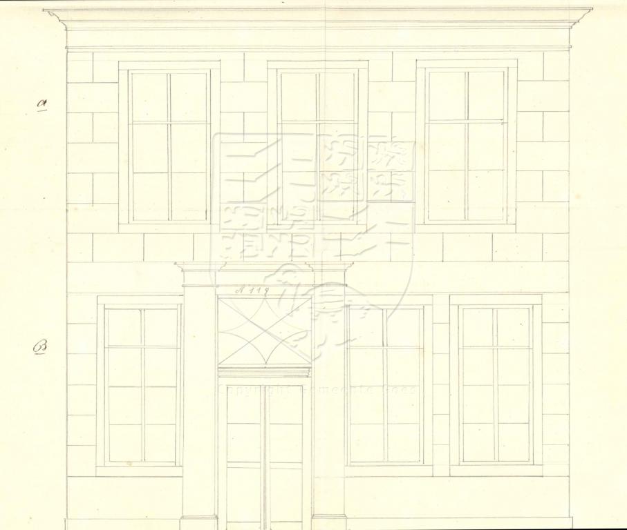 Tekening van de nieuwe voorgevel van Korte Kerkstraat 9, 1860. GAG.AGG.inv.nr. 239, nr. 727.
