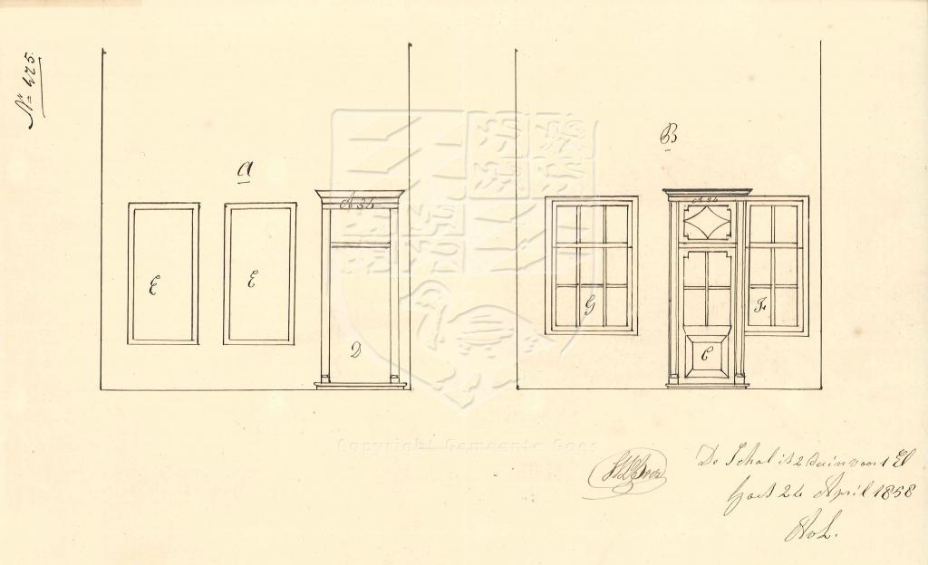 Tekening van de oude (B) en nieuwe situatie (A) van Vlasmarkt 8 (A34), 1858. GAG.AGG.inv.nr.214, nr. 475.