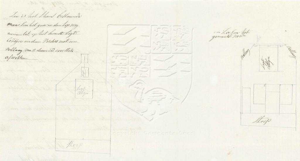 Tekening van de oude en nieuwe gevel van Lange Kerkstraat 75, M. Boet, 1859. GAG.AGG.inv.nr. 222, nr. 22.