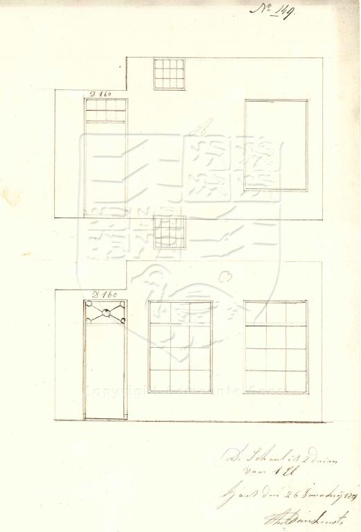 Tekening van de oude en nieuwe situatie (onder) van Nieuwstraat 59, 1859. GAG.AGG.inv.nr. 223, nr. 149.