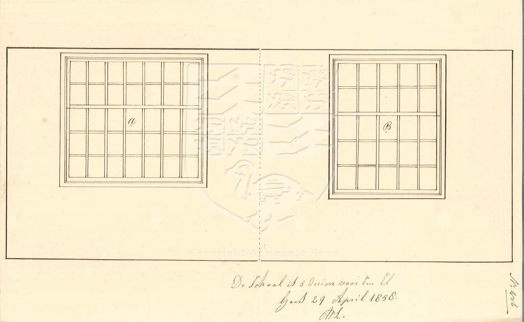 Tekening van de oude en nieuwe situatie van St. Jacobstraat 12 (B130), 1858. GAG.AGG.inv.nr. 214, nr. 476.