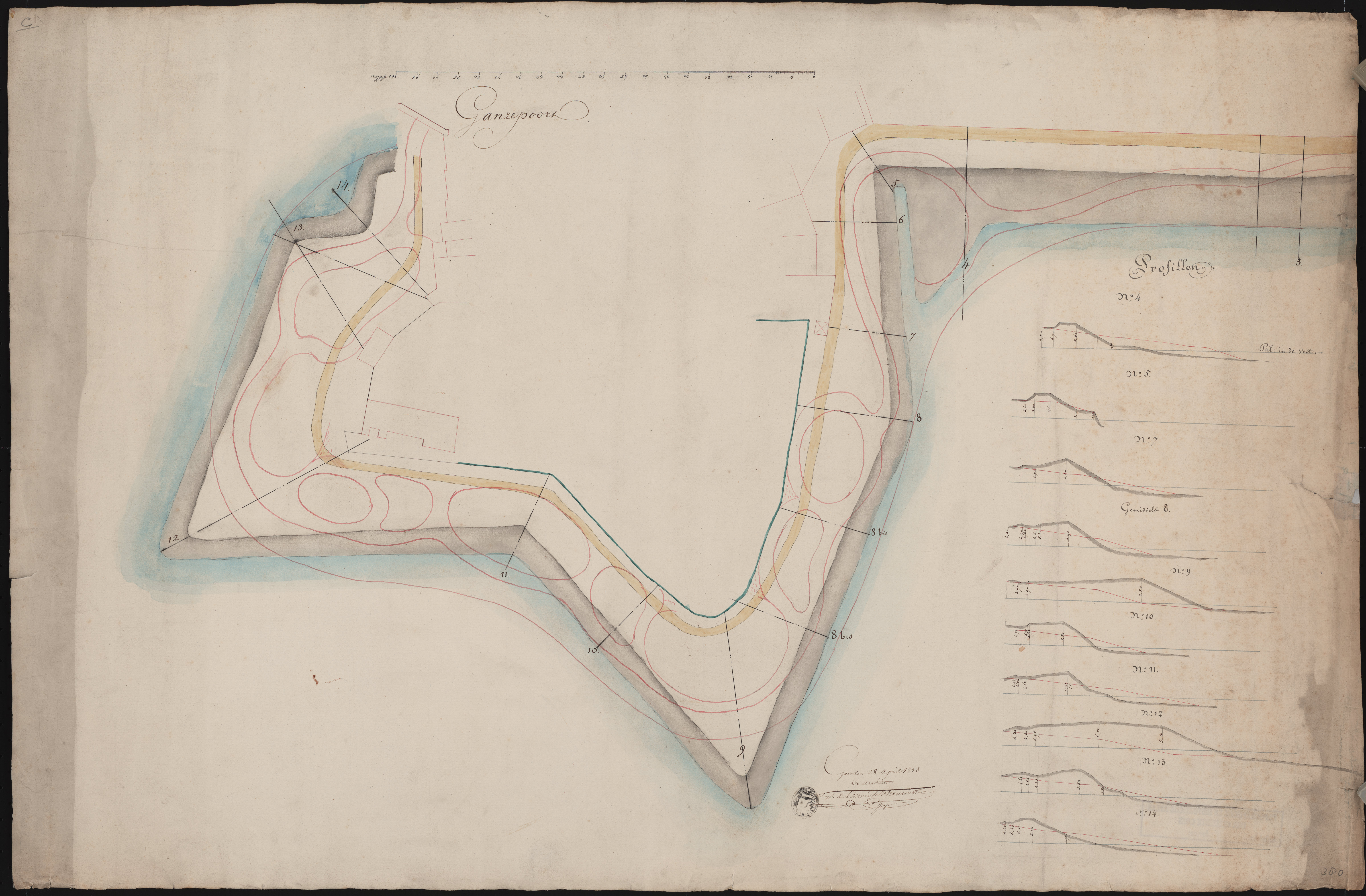 Tekening van de profielen van het verdedigingswerk bij de Ganzepoort, 1853. GAG.HTA.
