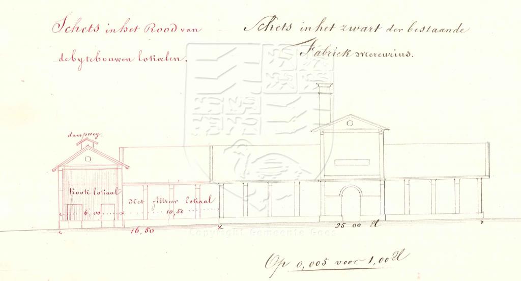 Tekening van de uitbreiding van de alcoholfabriek Mercurius met een kook- en een filtreerlokaal, 1860. GAG.AGG.inv.nr. 237, nr. 385