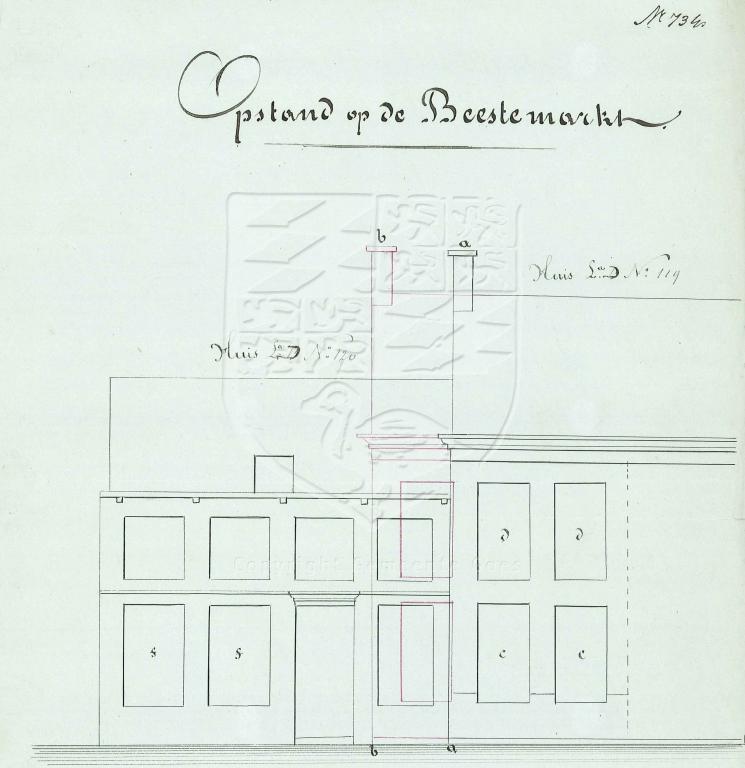 Tekening van de verbouwing van Beestenmarkt 12 en 10 voor J.C. Kakebeeke, 1856. GAG.AGG.inv.nr. 194, nr. 734.