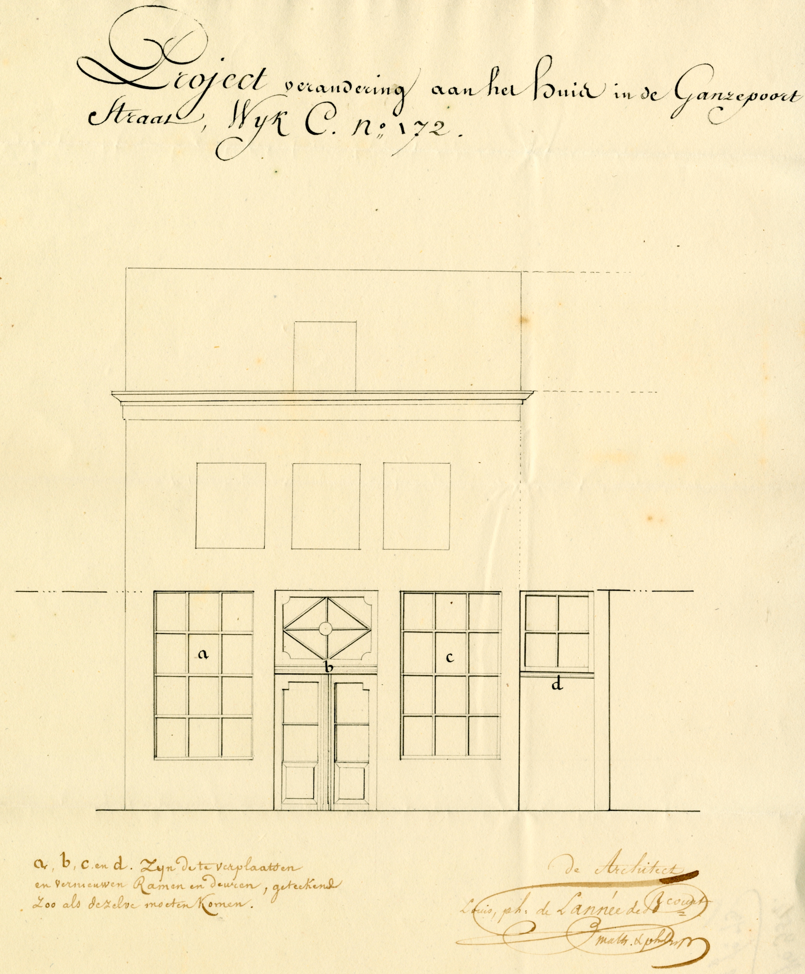 Tekening van de verbouwing van Ganzepoortstraat 11, 1838. GAG.ASG.inv.nr. 554, nr. 354.