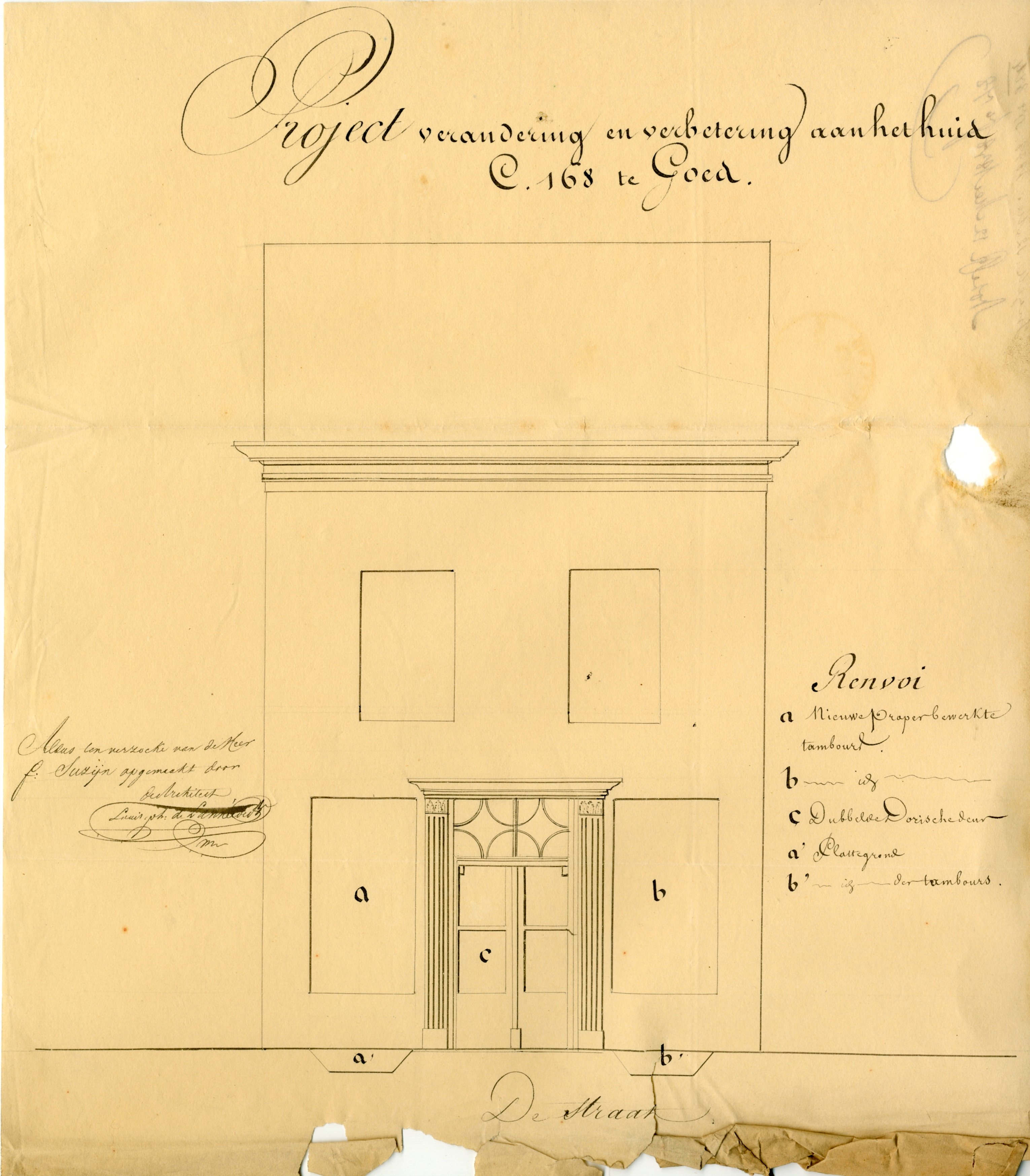 Tekening van de verbouwing van Ganzepoortstraat 3, 1838. GAG.ASG.inv.nr. 554, nr. 374.