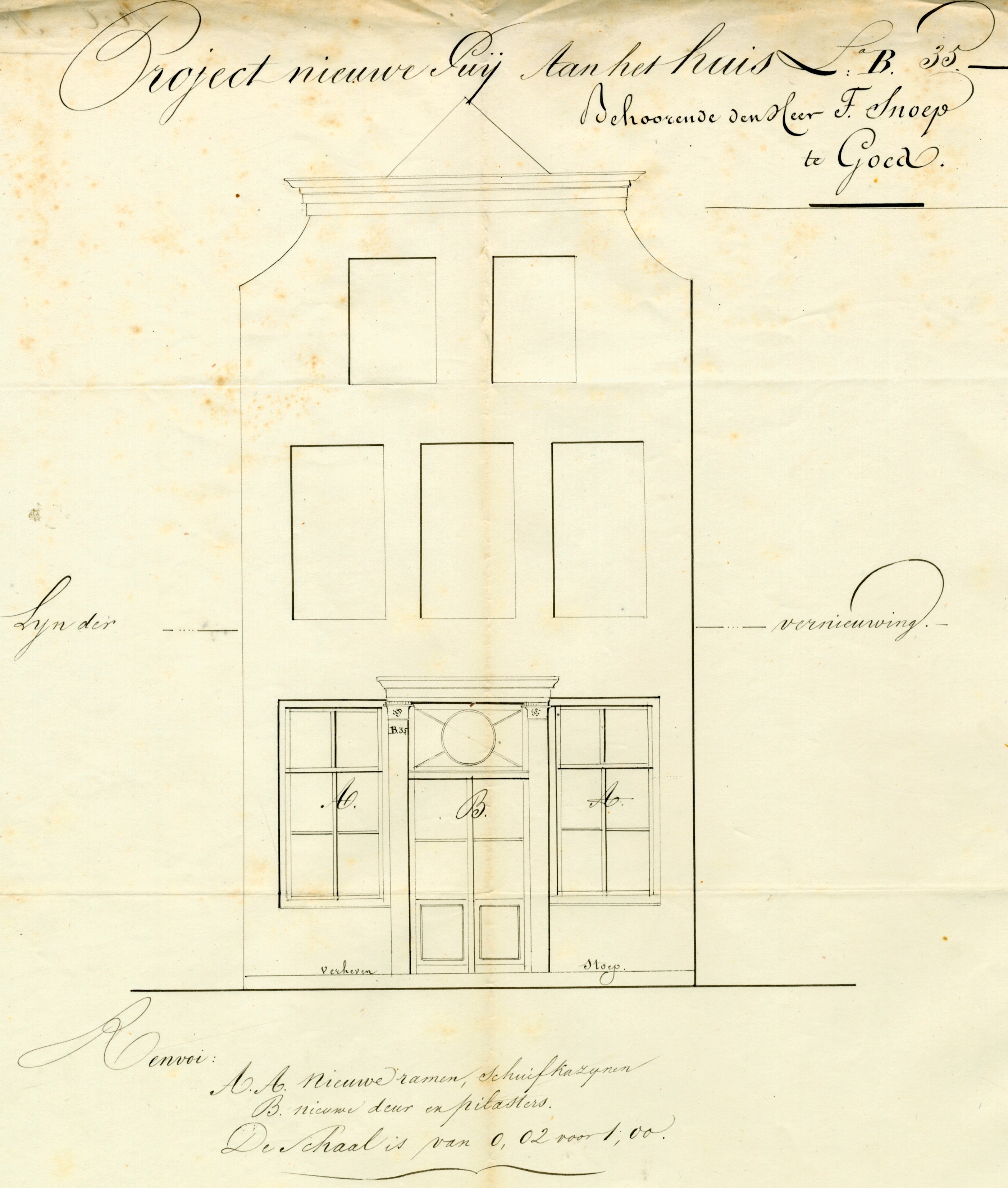 Tekening van de verbouwing van Grote Kade 12, 1839. GAG.ASG.557, nr. 219.