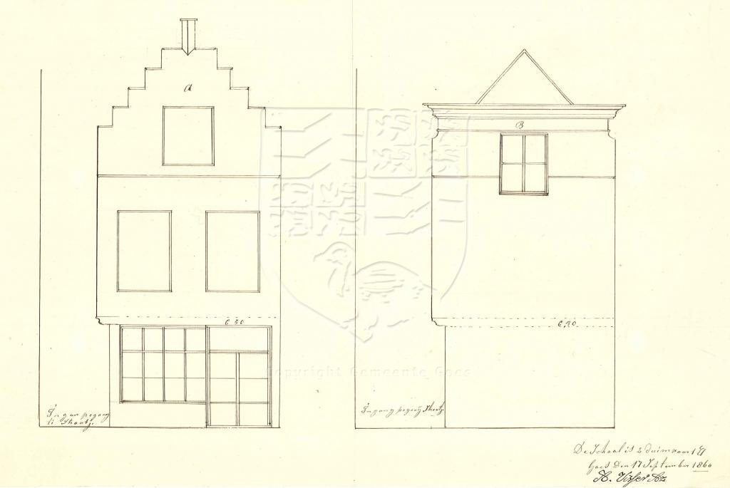 Tekening van de verbouwing van Lange Kerkstraat 2 en Papegaaistraat, 1860. GAG.AGG.inv.nr. 242, nr. 983