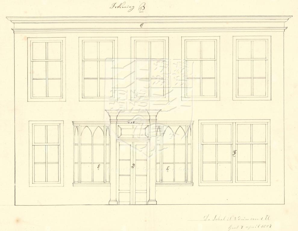 Tekening van de verbouwing van Lange Kerkstraat 30, 1857. GAG.AGG.inv.nr. 202, nr. 389.