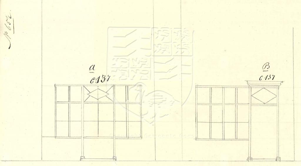 Tekening van de verbouwing van Lange Vorststraat 59, 1860. GAG.AGG.inv.nr. 239, nr. 654