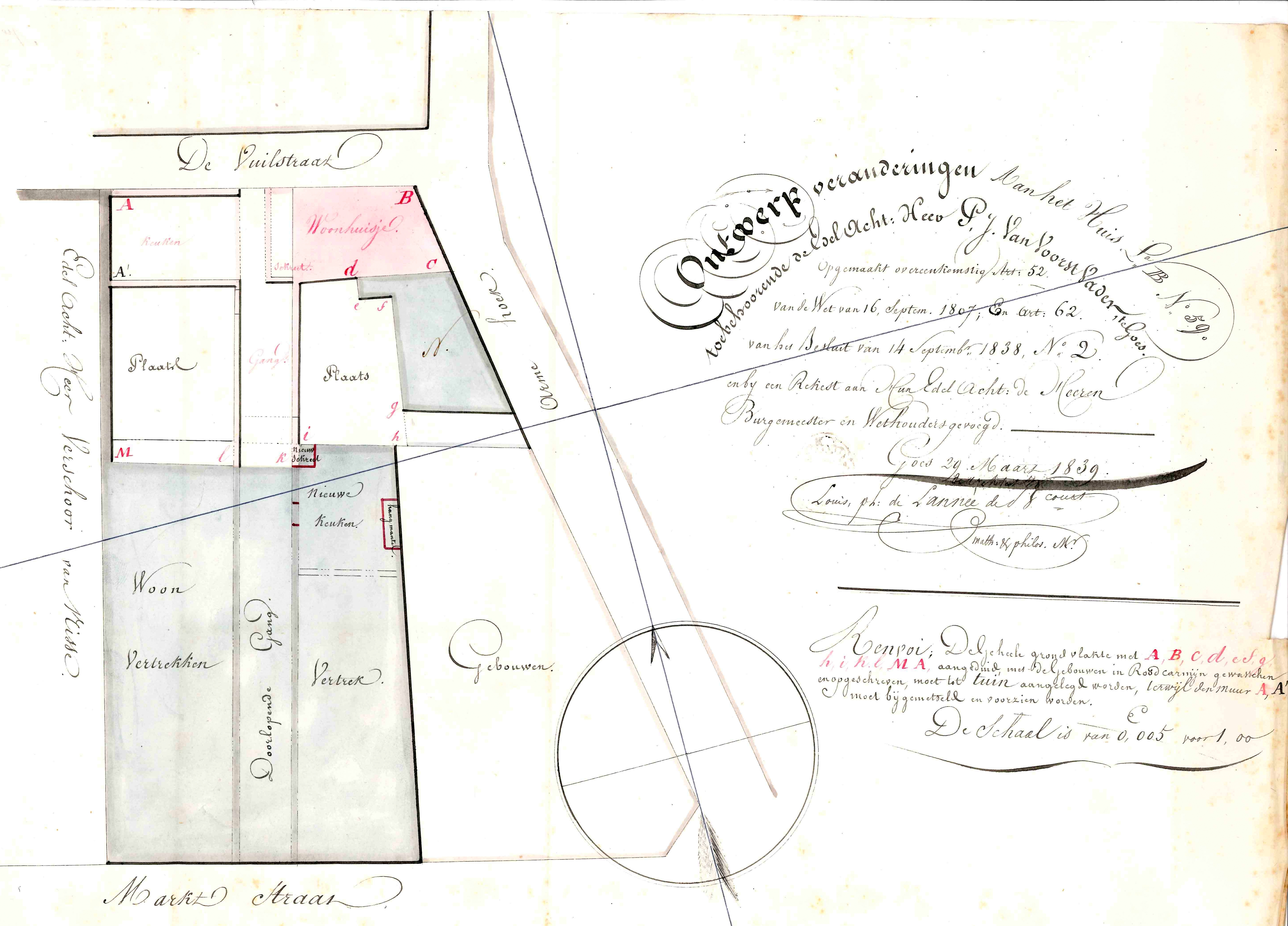 Tekening van de verbouwing van Lombardstraat 2, 1839. GAG.ASG.inv.nr. 558, nr. 259.