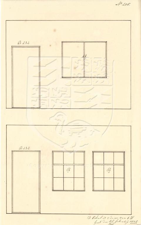 Tekening van de verbouwing van Molendijk 6 (B 232) van J. Plaisier, 1858. GAG.AGG.inv.nr. 211, nr. 205.