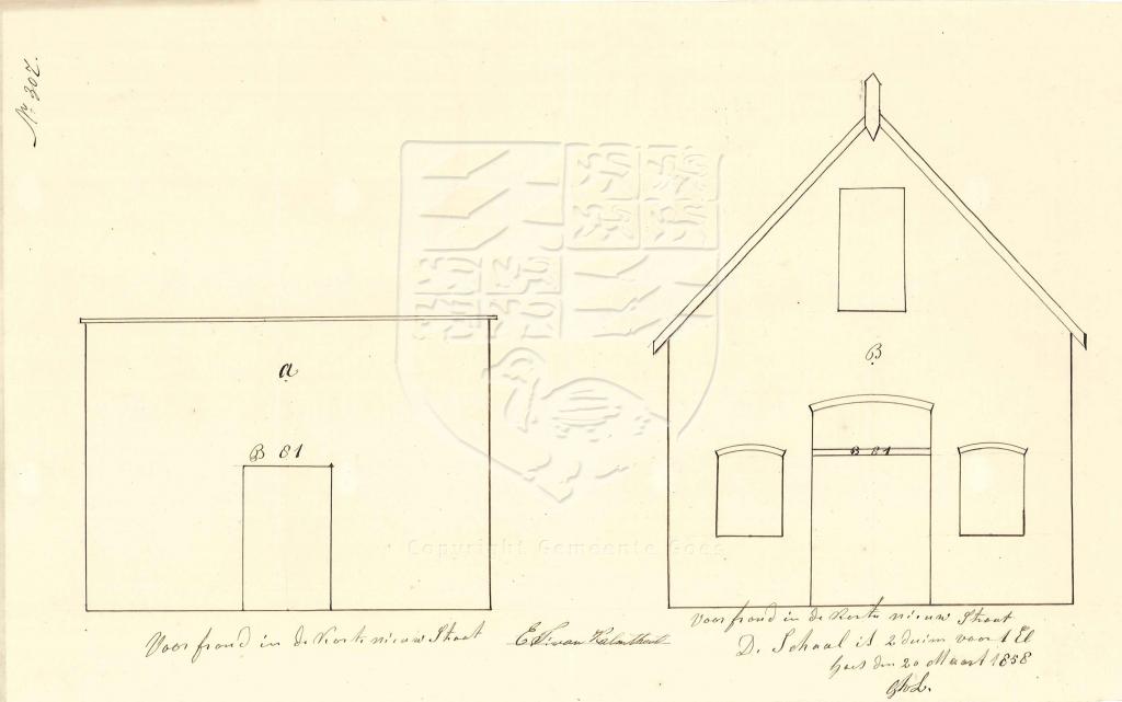 Tekening van de verbouwing van Pyntorenstraat 5 (B81) van E. van Kalmthout, 1858. GAG.AGG.inv.nr. 213, nr. 307.