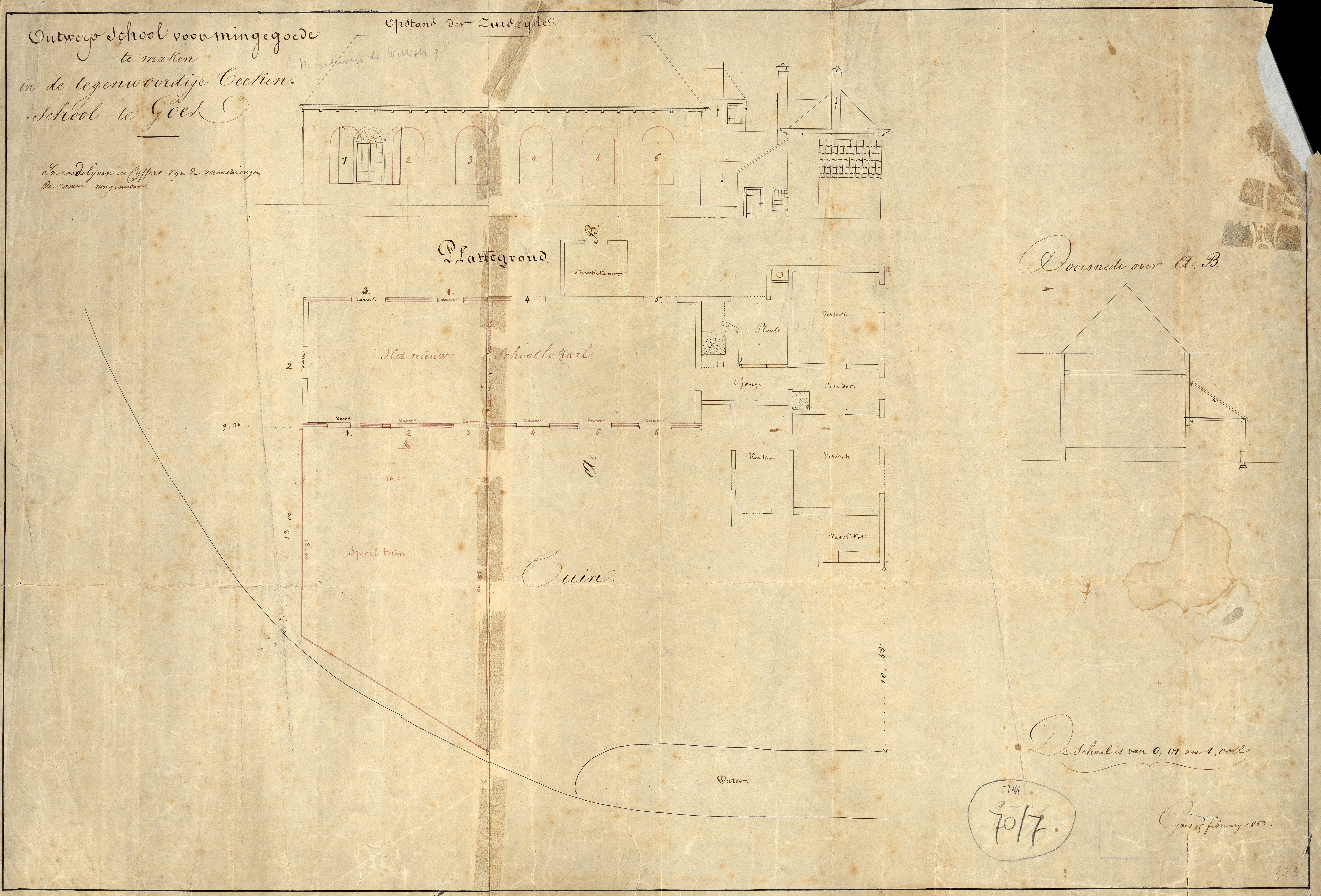 Tekening van de verbouwing van de Tekenschool tot een school voor min-gegoeden, 1853. GAG.HTA.