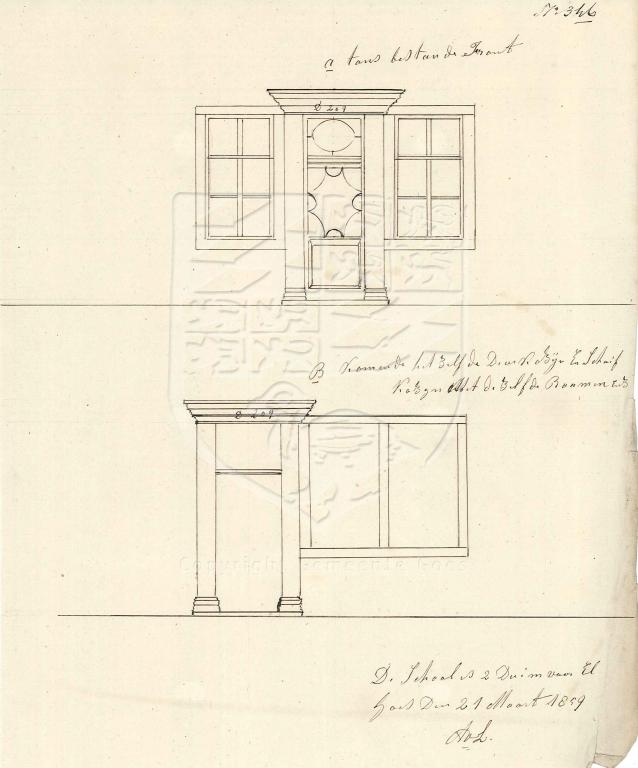 Tekening van de verbouwing van de voorgevel van Nieuwstraat 28, boven oud, onder nieuw, 1859. GAG.AGG.inv.nr. 225, nr. 346