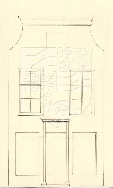 Tekening van de vernieuwde gevel van Magdalenastraat 5 (A22), J. de Graaff, 1858. GAG.AGG.inv.nr. 213, nr. 365.