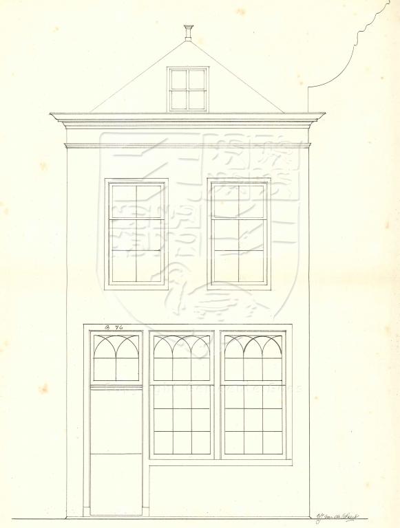 Tekening van de vernieuwde voorgevel van St. Jacobstraat 50, 1859. GAG.AGG.inv.nr. 225, nr. 387