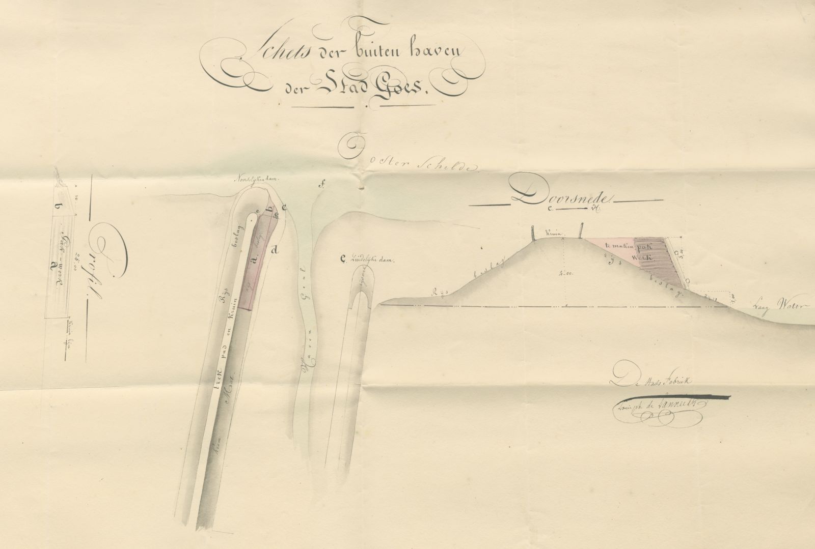 Tekening van de versteviging van de noordelijke havendam, 1833. GAG.ASG.inv.nr. 531.1, nr. 264