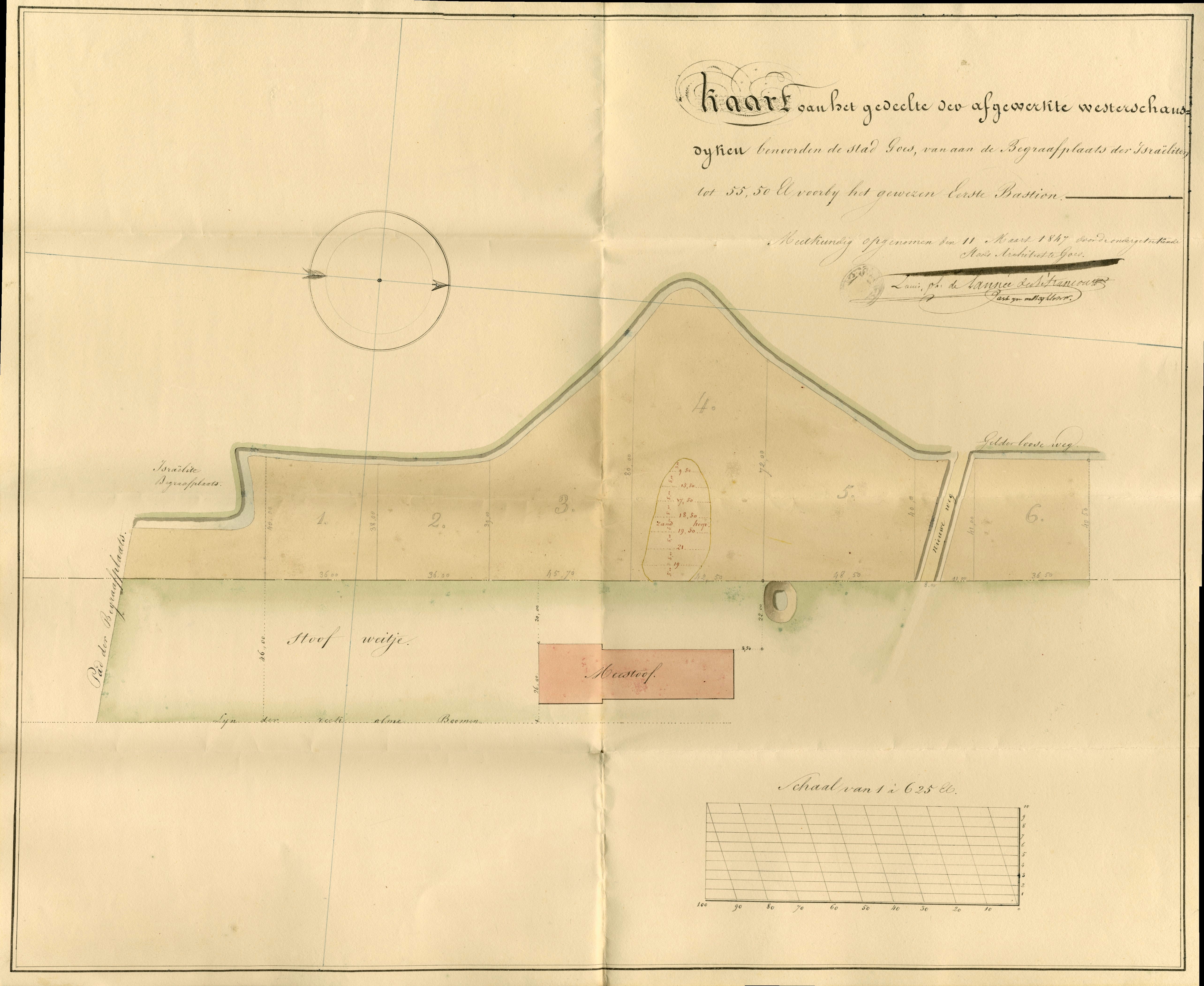 Tekening van de voltooide egaliseringswerken bij de Westschans, 1847. GAG.ASG.inv.nr. 597.1, nr. 287.
