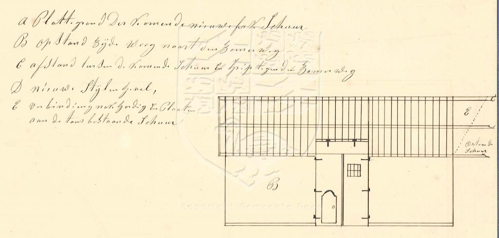 Tekening van een aangebouwde schuur aan Voorstad E75, C. Korstanje, 1858. GAG.AGG.inv.nr. 214, nr. 451.