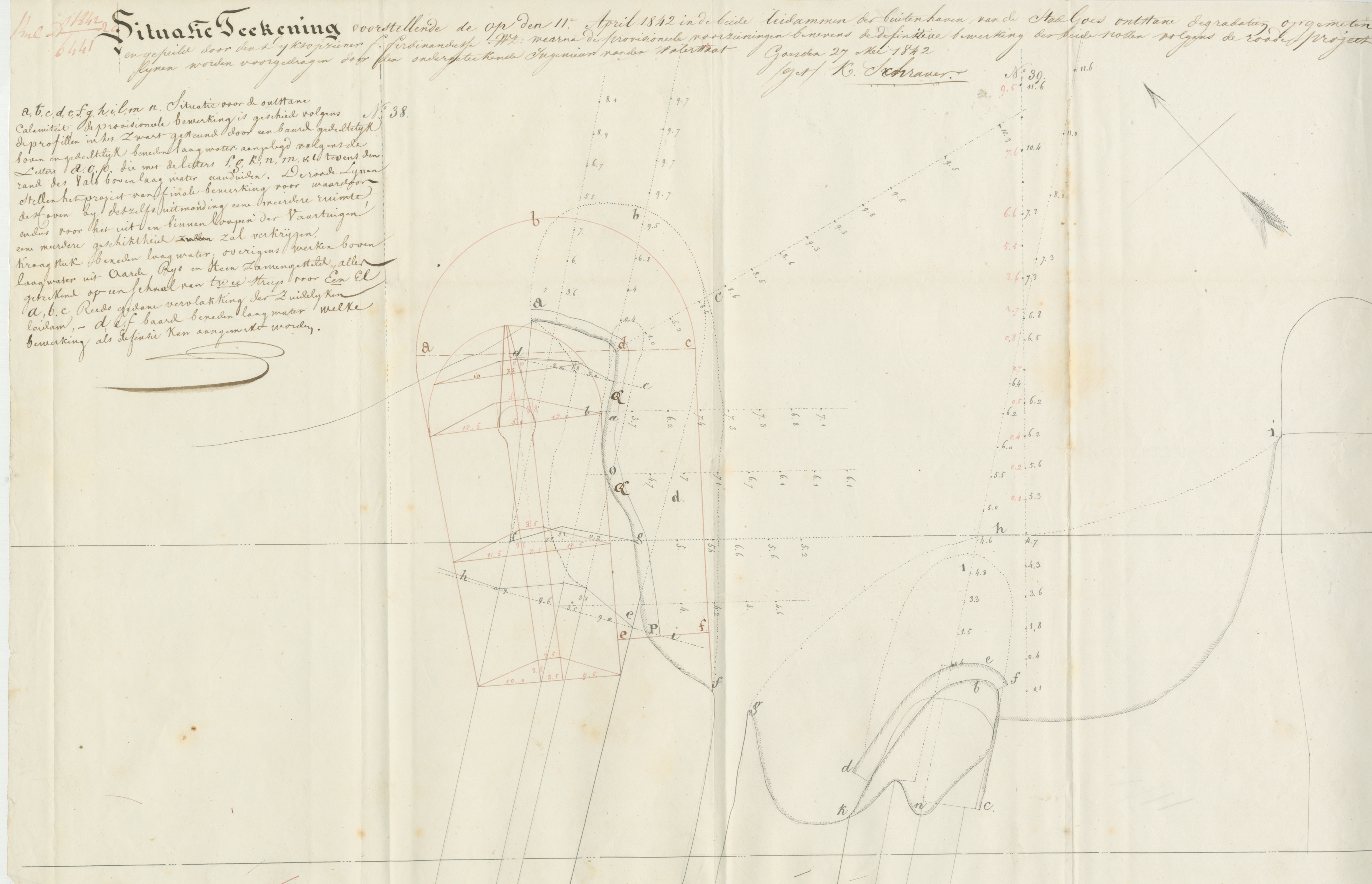 Tekening van een dijkval bij de sluis, 1843. GAG.ASG.inv.nr. 575.1, nr 18-01.