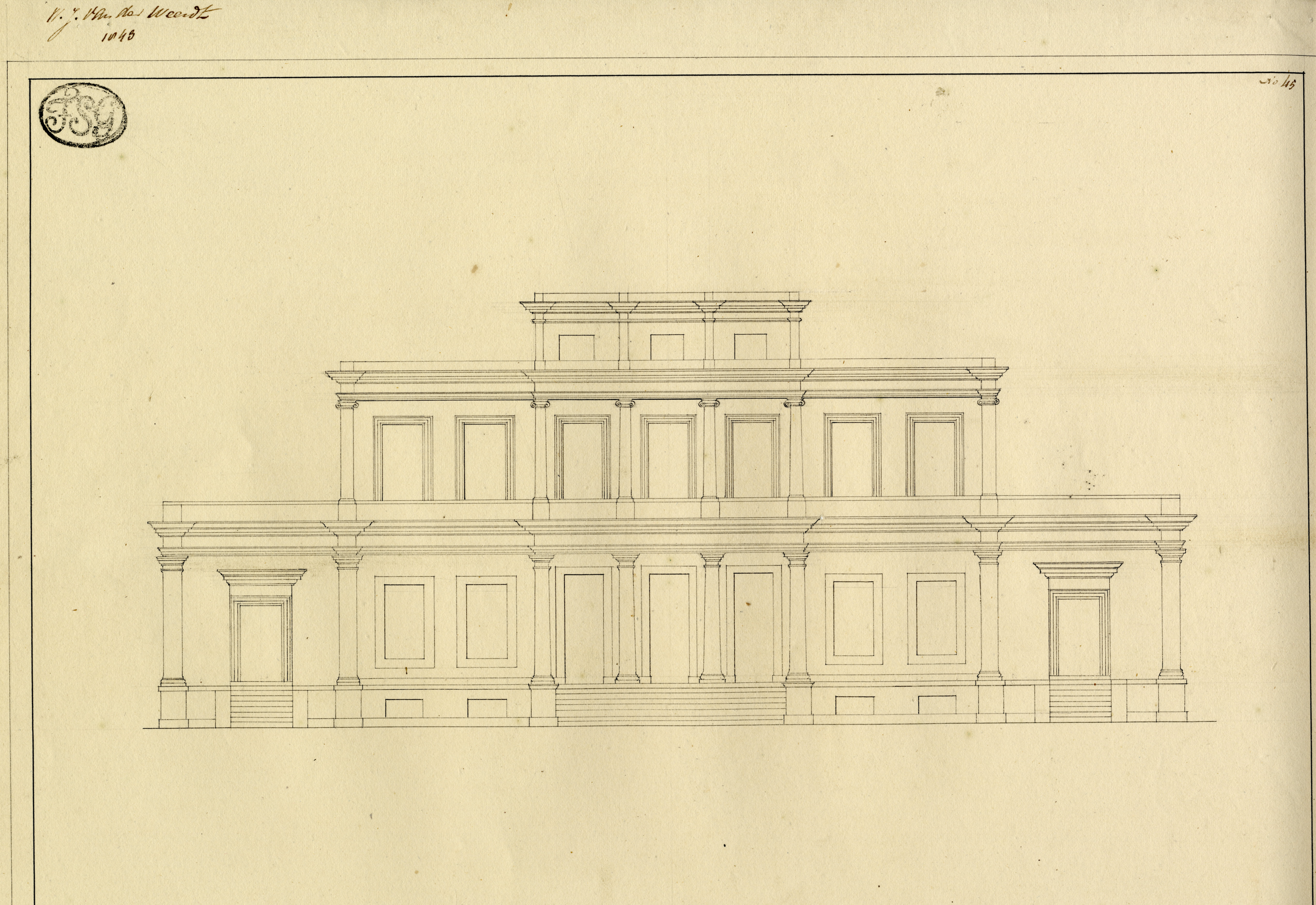 Tekening van een fantasiegebouw, W.J. van de Weerdt, 1843. GAG.Arch.Tekenschool, inv.nr. 109.