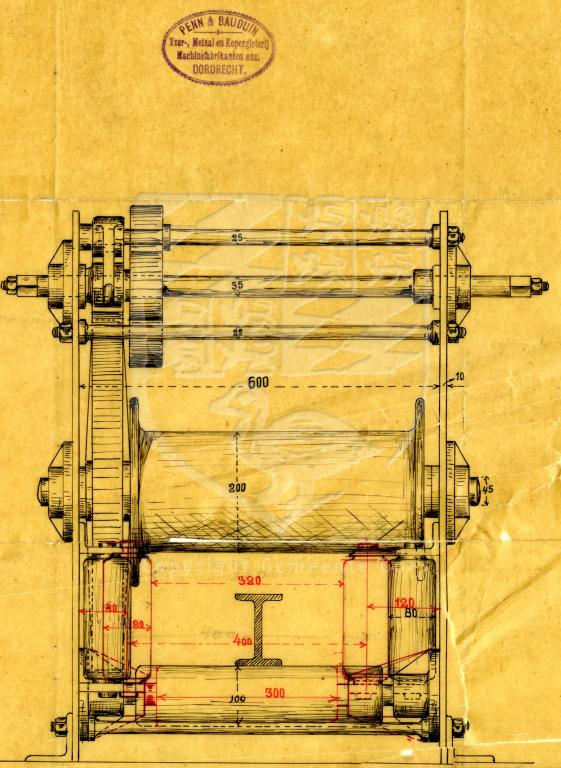 Tekening van een lier voor sluisdeuren van de firma Penn en Bauduin te Dordrecht, ca. 1860. GAG.HTA.