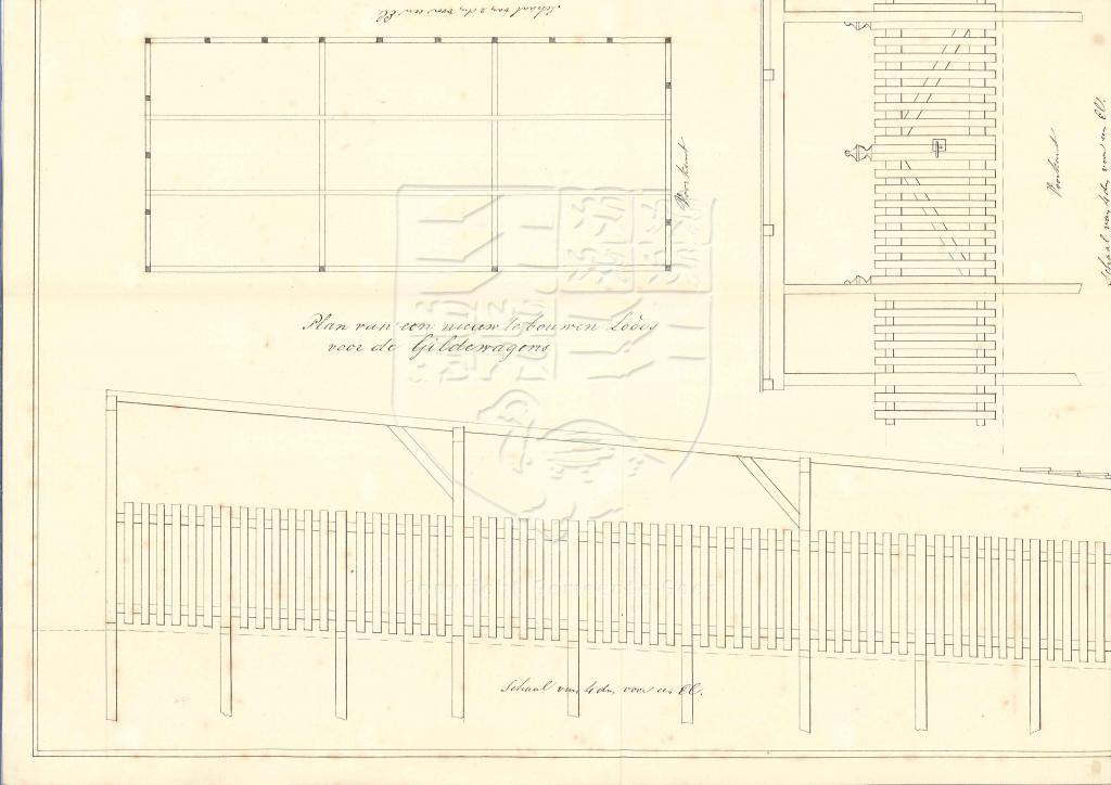 Tekening van een loods voor de 7 wagens van de werkliedenvereniging aan de J.A. van der Goeskade, 1859. GAG.AGG.inv.nr. 230, nr. 911