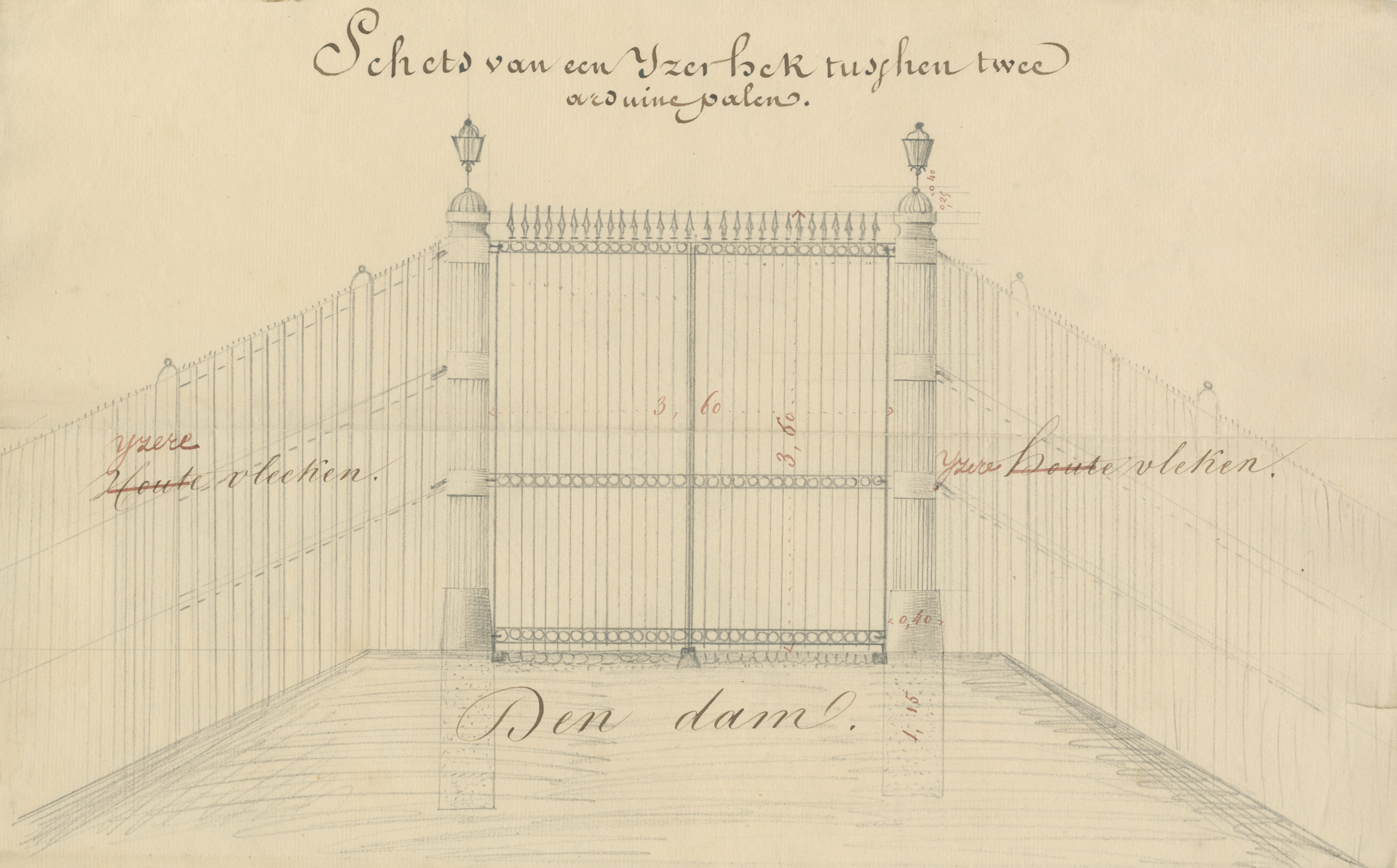 Tekening van een nieuw hek als vervanging van het gesloopte Hoogerwerve aan de J.A. van der Goeskade, 1842. GAG.ASG.inv.nr. 574.2, nr. 855.