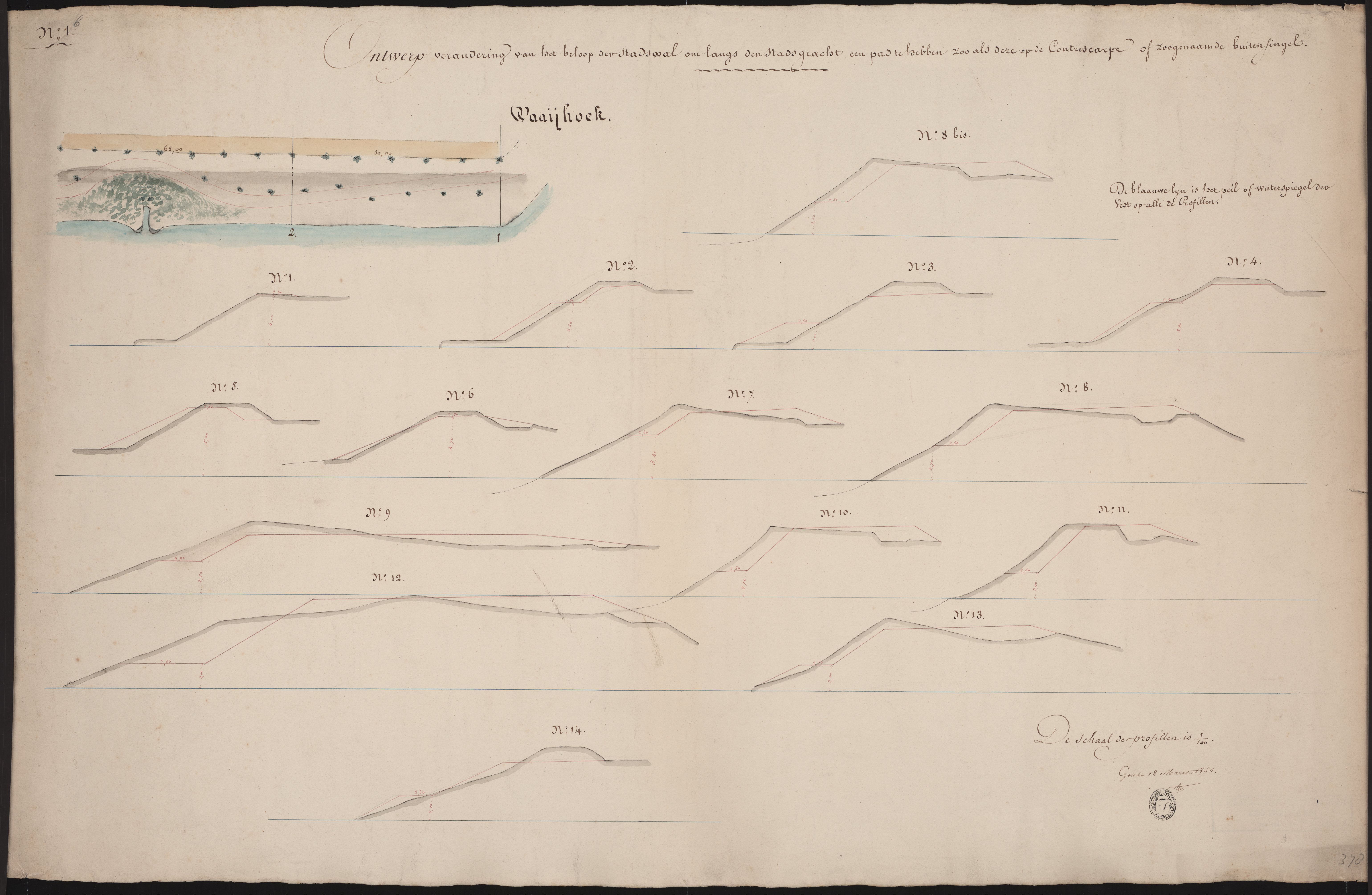  Tekening van een nieuw wandelpad aan de zogenaamde Waaihoek bij de Oostwal, 1853. GAG.HTA.