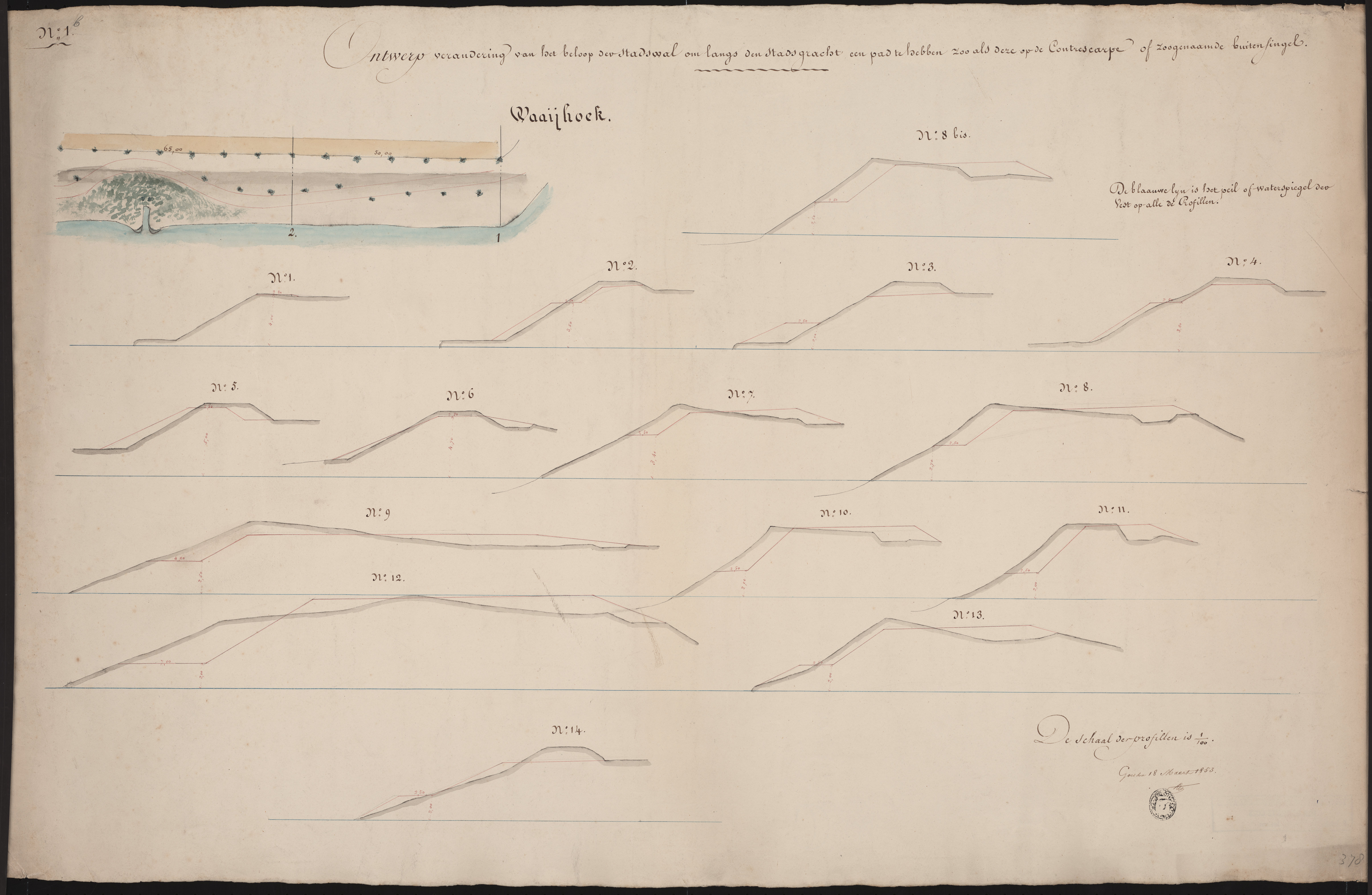 Tekening van een nieuw wandelpad aan de zogenaamde Waaihoek bij de Oostwal, 1853. GAG.HTA.