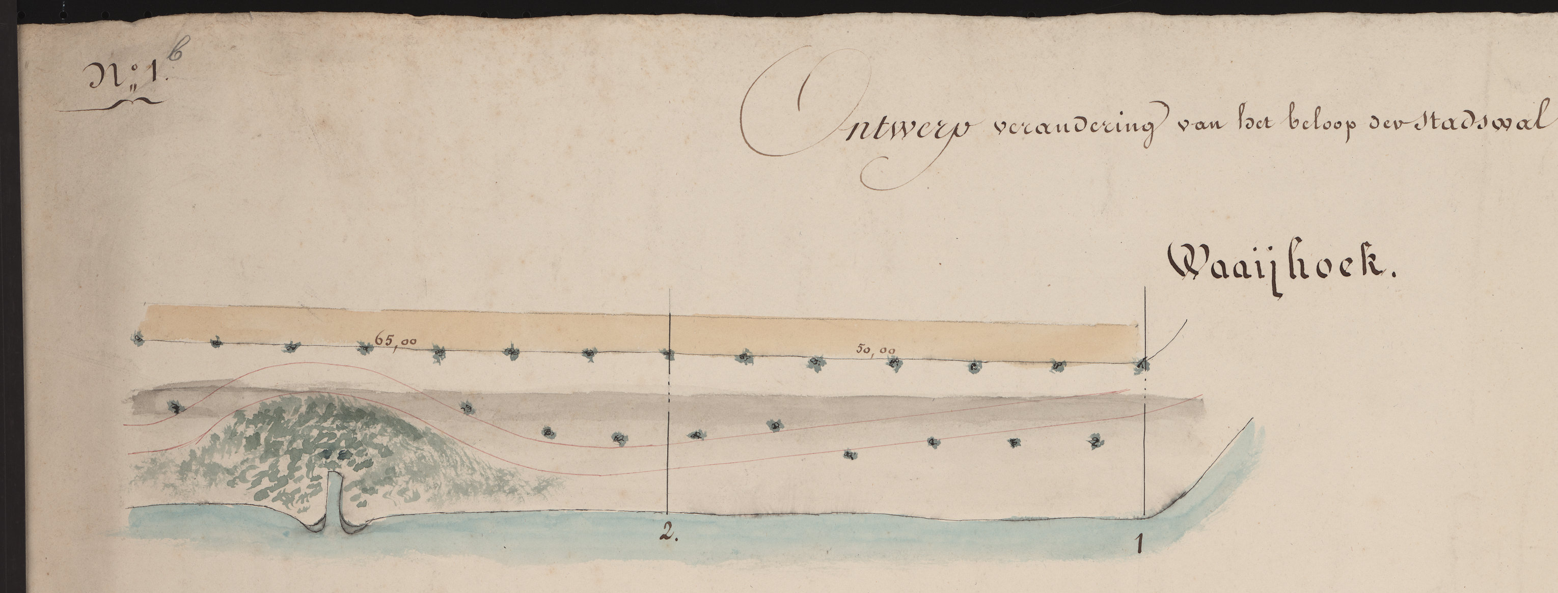  Tekening van een nieuw wandelpad aan de zogenaamde Waaihoek bij de Oostwal, 1853. GAG.HTA.