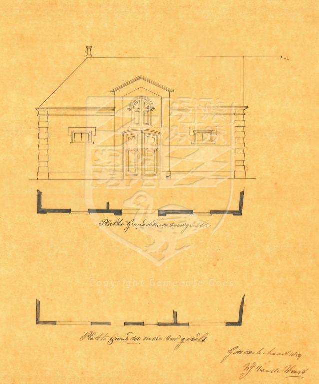 Tekening van een nieuwe gevel wijk A 44 en 45 (Gouden Muilstr.), 1859. GAG.AGG.inv.nr. 224, nr. 285